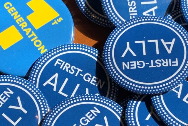 Blue buttons that have messages of support for first generation students at UCLA